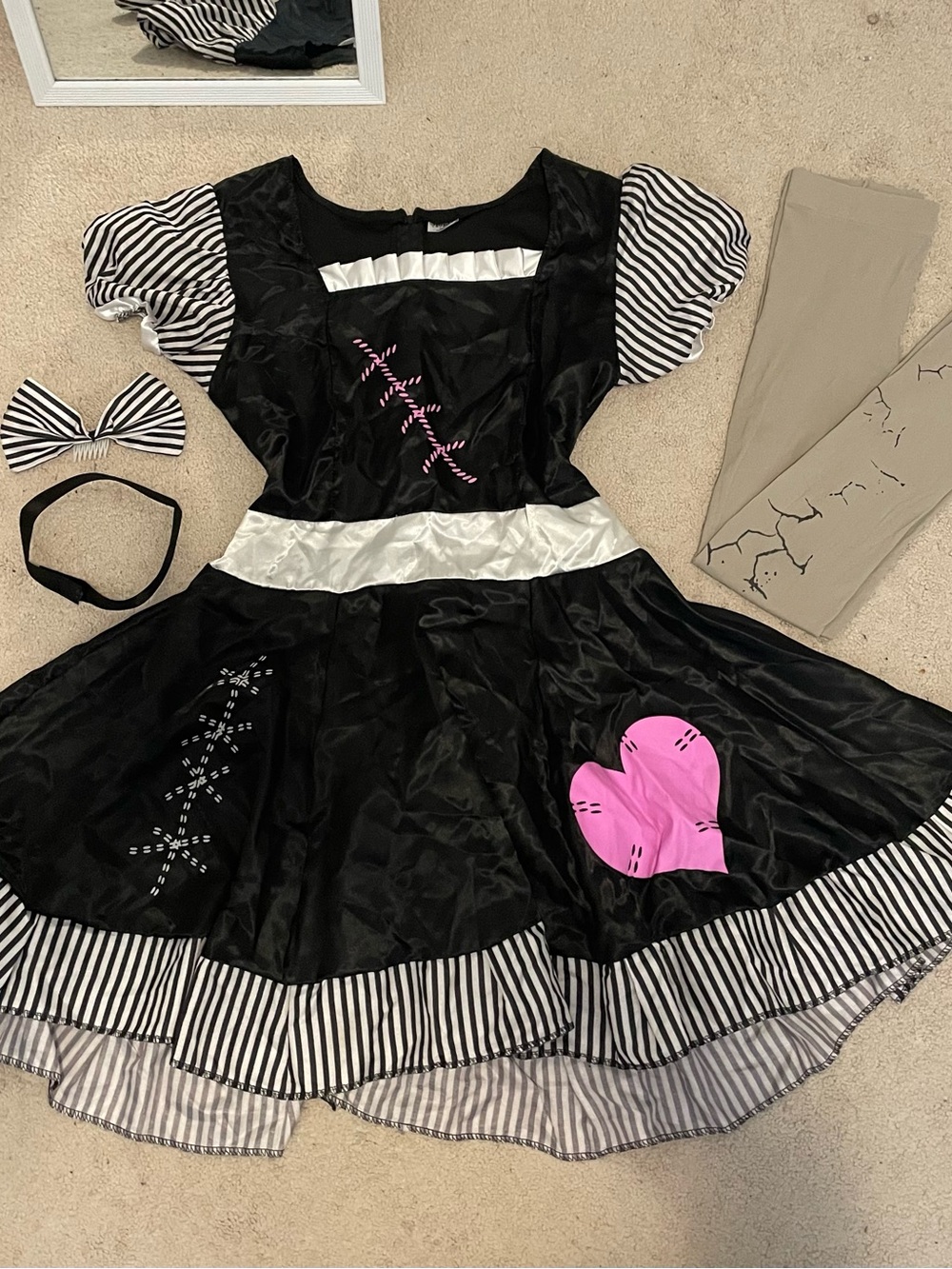 Black and Pink Rag Doll Dress Costume with Striped Sleeves